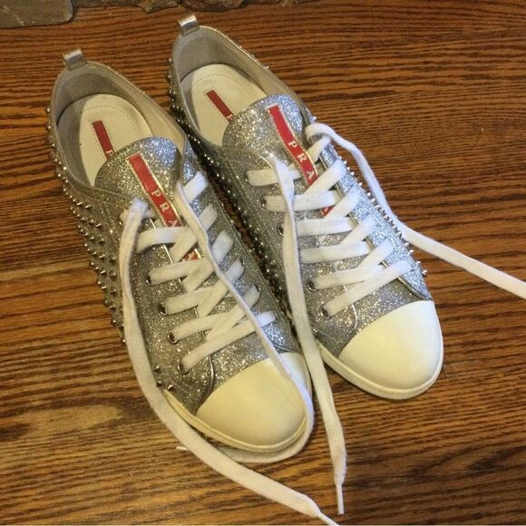 PRADA Silver Clitter Stud Low Top Sneakers - Picture 5 of 8